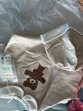 Fendi Cream Baby Outfit with Brown Monogram Teddy